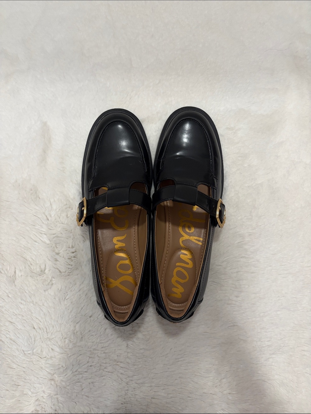 Sam Edelman Black Leather Loafers with Gold Buckles